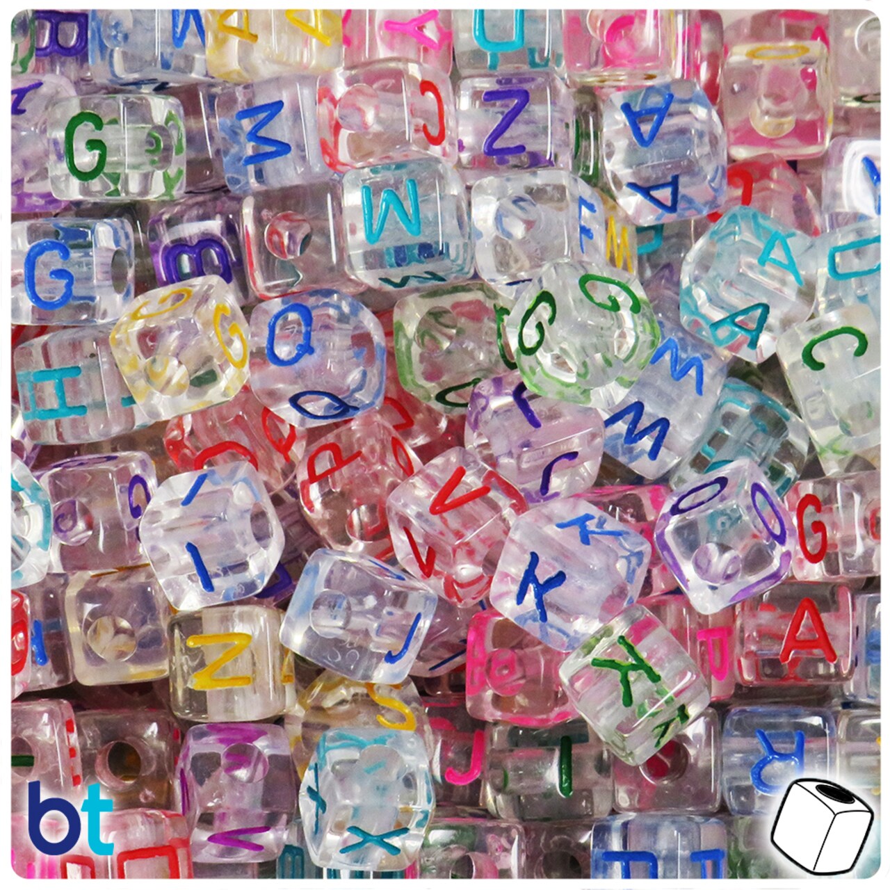 BeadTin Clear Transparent 10mm Cube Alpha Beads - Colored Letter Mix (100pcs)
